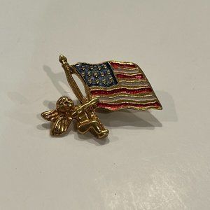 Angel Holding USA Flag Flagpole Lapel Pin Gold Color Pin, 1 x 1", Clean